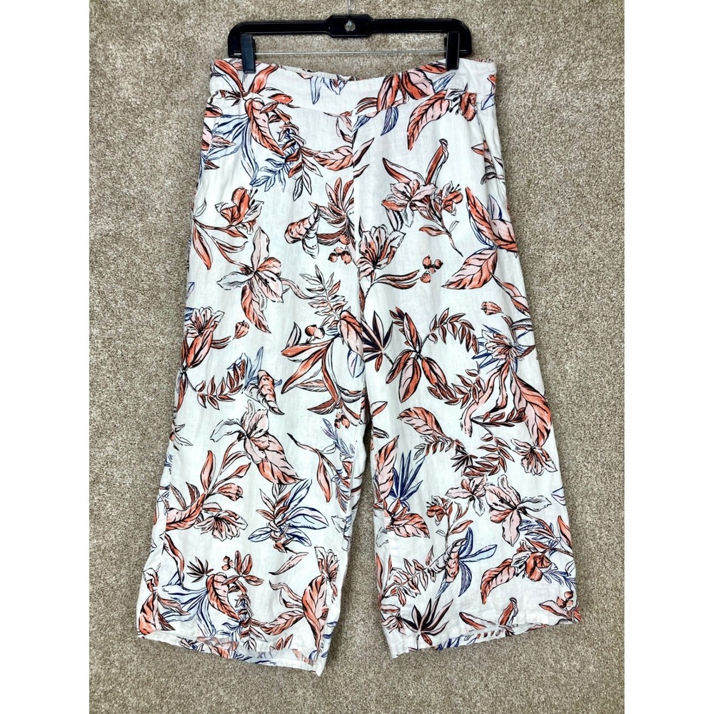 Tahari 100% Linen Floral Tropical Wide Leg Crop Pants Women XL White Orange Boho